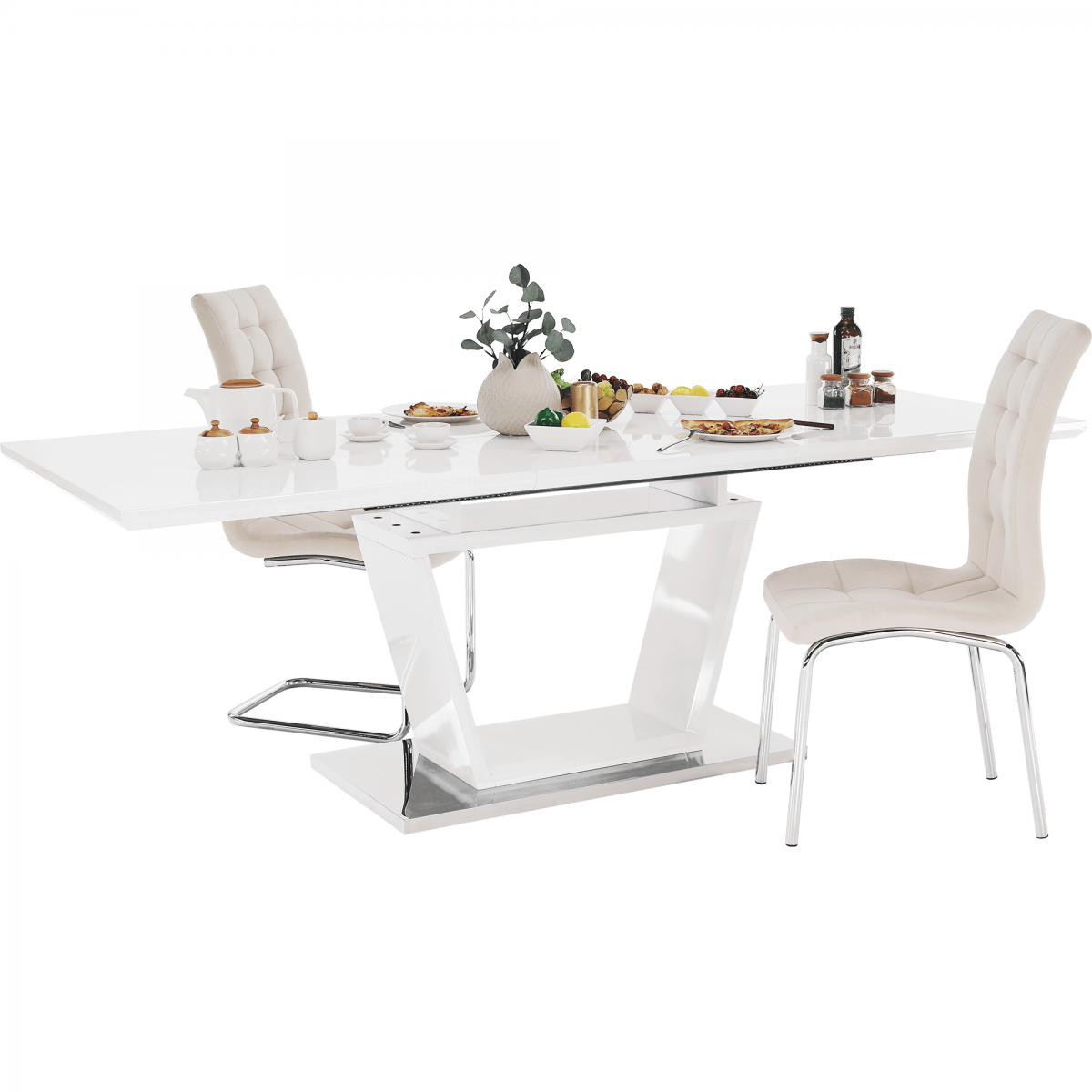 Étkezőasztal, nyitható, fehér extra magasfényű/acél, PERAK