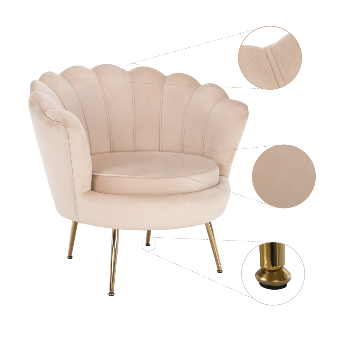 Fotel Art-deco stílusban, bézs Velvet anyag/gold chróm-arany, NOBLIN