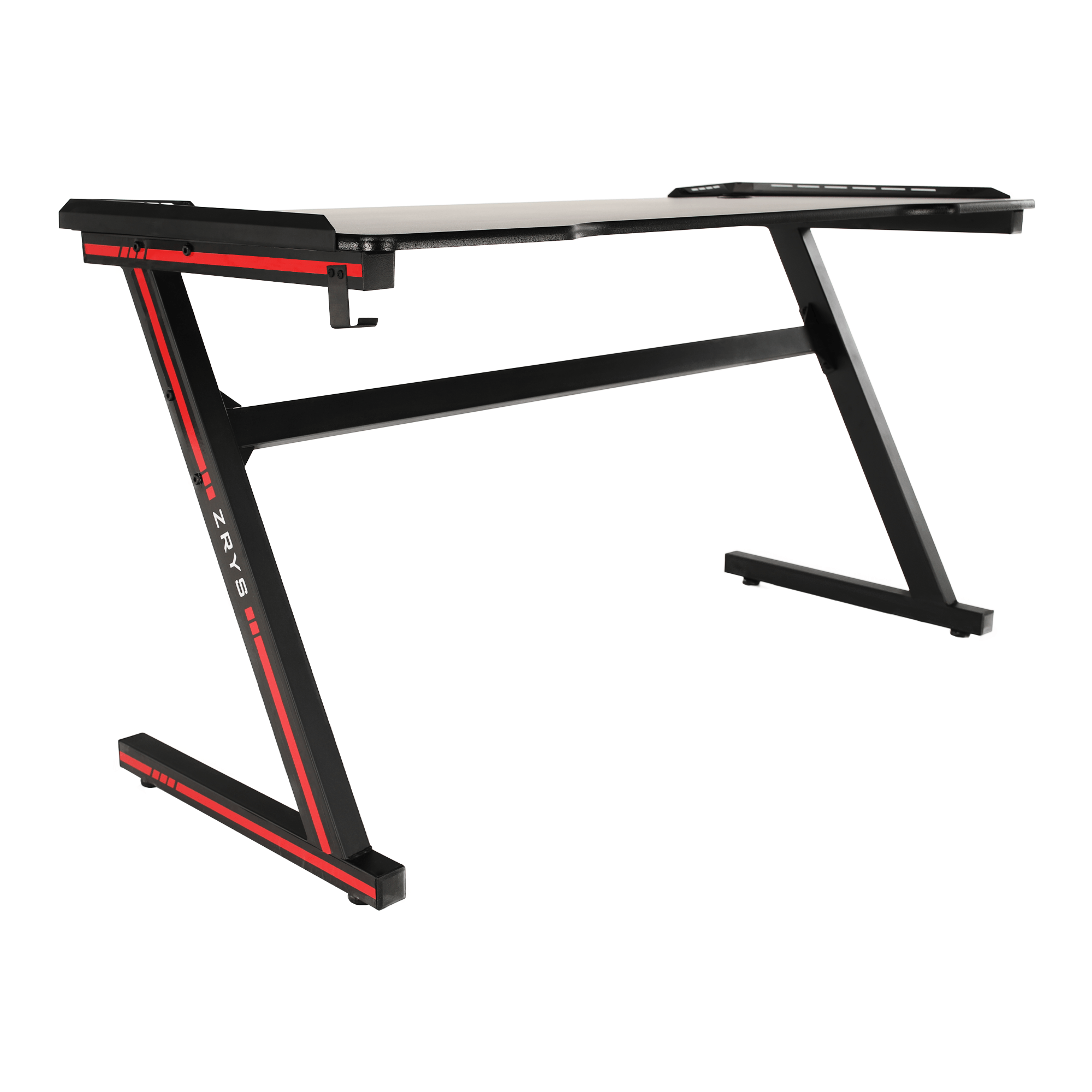 Gamer asztal/számítógépasztal, RGB LED világítással, fekete/piros, MACKENZIE 140cm