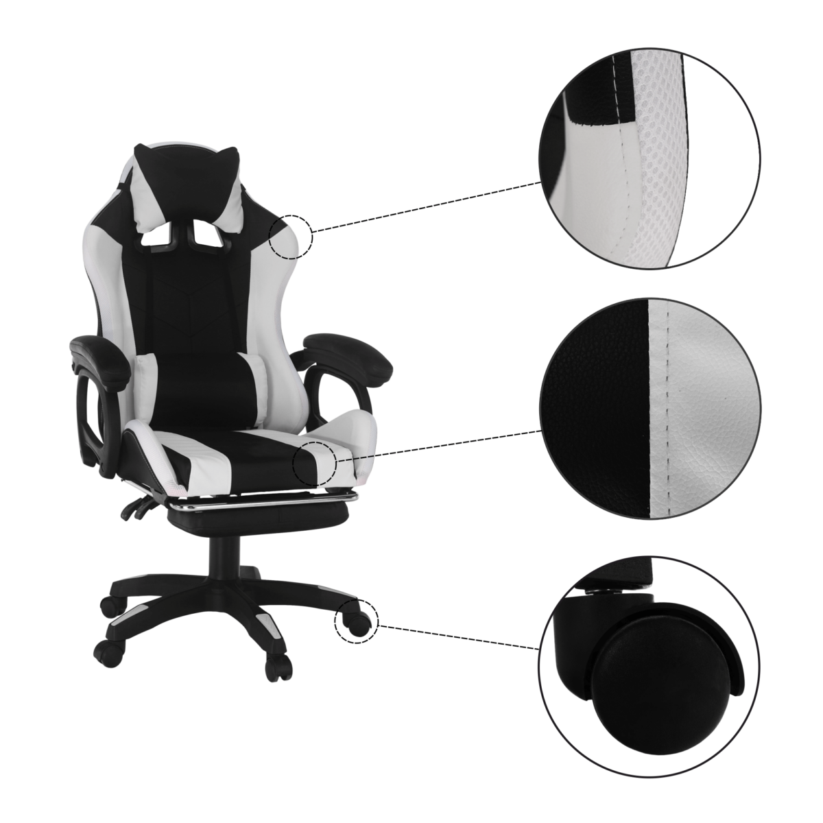 Irodai/gamer szék RGB LED világítással, fekete/fehér, JOVELA