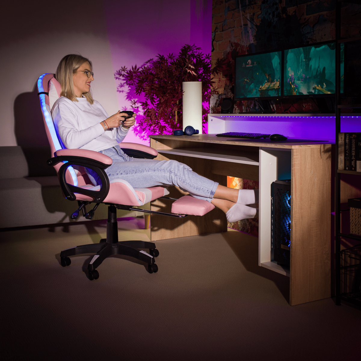 Irodai/gamer szék RGB LED világítással, rózsaszín/fehér, JOVELA